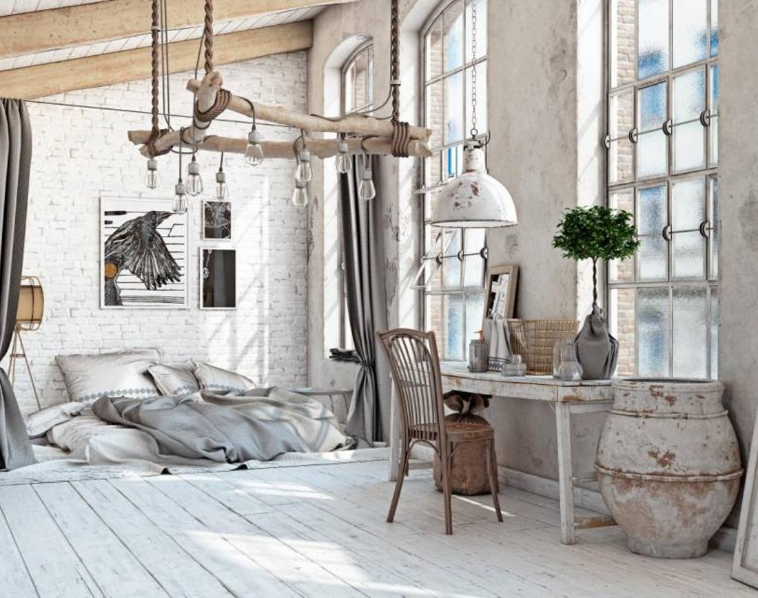 Dormitor alb amenajat in stil shabby chic