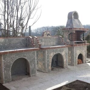 Set Mobilier Gradina Family, Traditional (Gratar Mediu, Carbune/Lemn, Masa, Lavoar) - piatra poligonala, caramida