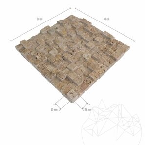 Mozaic Travertin Noce 3D Scapitat, 2.5 x 2.5 cm